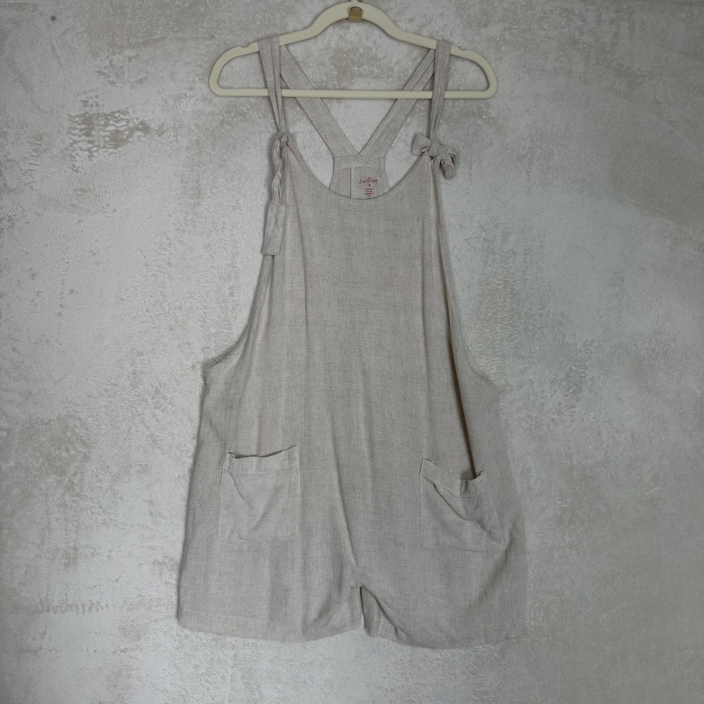 Everly Grey Small Oatmeal Linen Blend Tie Shoulder Romper Shortalls Boho